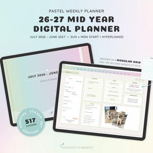 Könnte beinhalten: Ein digitaler Wochenplaner in Pastellfarben für Juli 2026 bis Juni 2027 mit modularem Raster, Hyperlinks und 517 Stickern. Die Benutzeroberfläche zeigt Aufgabenlisten, Gewohnheitstracker und Platzhalter für Fotos auf einem Tablet-Bildschirm.