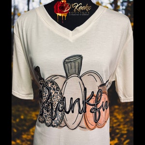RTS Leopard Thankful Pumpkin Cream V Neck Shirt