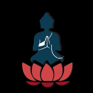 Puede incluir: Una silueta azul de una persona meditando sobre una flor de loto roja. La persona lleva un collar y tiene las manos en posición de oración.