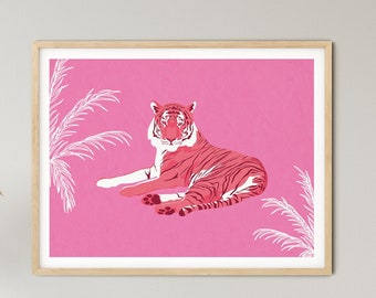 Pink Tiger Kunstdruck | Exotisches Tier Wandkunst | Wilde Katze Poster | Heller eklektischer Dschungel Tiger Printable | Funky Tropical Pop Art