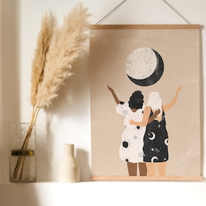 Celestial Women Art Print | Polar Opposites Sun And Moon Poster | BFF Wall Art | Female Friends Get Together Print | Sunrays And Stars Art