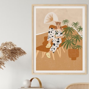 May include: A digital illustration of a person sitting in a chair with a potted plant and a fan in the background. The person is wearing a white and black patterned outfit and has brown hair. The background is a light brown colour.