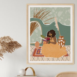 Pampas Grass Pottery Art Print | Boho Woman In Floral Dress Poster | Terracotta Pot Print | Flower Bouquet Wall Art | Oriental Rug Printable