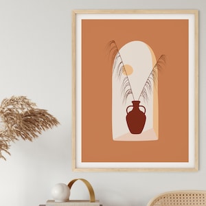 Uva Grass Art Print | Tan Color Pampas Grass Poster | Dried Grass In Pottery Print | Terracotta Greek Pot Wall Art | Boho Archway Window Art