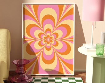 Repitiendo Daisy Flower Art Print / Psychedelic Retro Floral Print / Pink And Orange Groovy Decor / Trippy Flower Poster / Hippie Wall Art