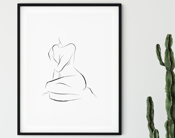 Minimalistisk kvinnakonsttryck | Enkel linjeteckning | Abstrakt kvinnofigurposter | Svartvit linjeteckning | Illustration av kvinnakroppsform