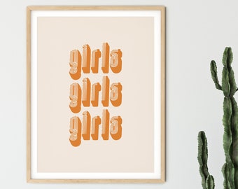 Girls Girls Girls Art Print | Retro Style Font Poster | Vintage Typography Print | Printable 70s Wall Art | 1970s Vibe Wall Print | Boho Art