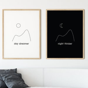 Day Dreamer Night Thinker Art Set of 2 Prints | Minimal Black And White Gallery Wall | Sun And Moon Line Drawing | Motivational Quote Art