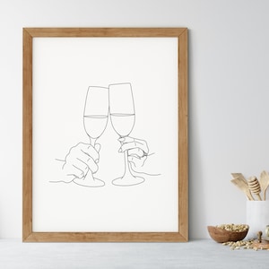 Champagne Toast Art Print | Newly Engaged Couple Line Art Print | Man And Woman Drinking Partners Poster | Engagement Cheers Wall Art Sketch