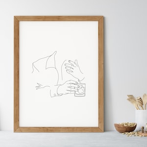 Whiskey Man Art Print | Afdrukbare Bourbon Art | Line Art | Cadeau voor whiskyliefhebbers | Man drinkt ouderwets | Bar Cart Poster