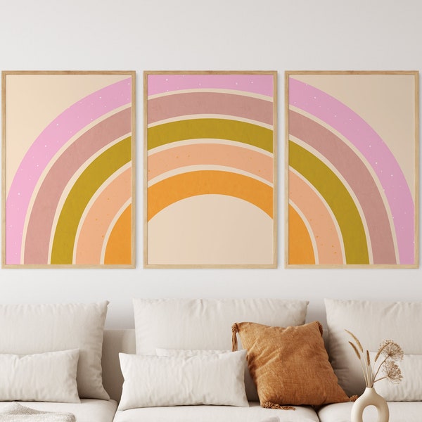 Kleurrijke regenboogdrieluikset van 3 prenten | Regenboogposterbundel met drie panelen | Continu regenboogtrio van prints | Regenboog galerij wandset