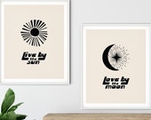 Celestial Art Set of 2 Prints | Live By The Sun Love By The Moon Quote | Minimal Gallery Wall | Sun And Moon Poster Bundle | Spiritual Art