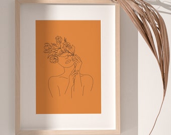 Flower Woman Art Print | Femme orange brûlé de dessin de ligne | Femme avec la tête de fleur | Minimal Line Art | Boho Flower Print | Art de ligne de fleur