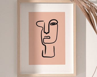 Obscured Face Art Print / Minimal Abstract Female Face Poster / Bold Black Line Art Woman Wall Art / Dusty Rose Feminine Single Line Art