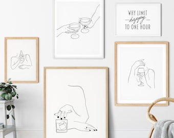 Bar Cart Art Set of 5 Prints | Line Art Cocktail Poster Bundle | Alcoholic Drink Gallery Wall Set | Happy Hour Print Collection | Cheers Art