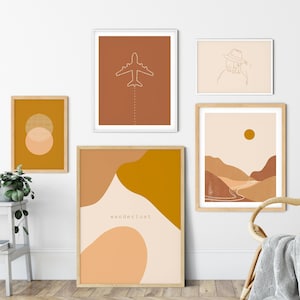 Warm Tone Travel Art Set of 5 Prints | Wanderlust Quote Poster Bundle | Minimalist Traveler Gallery Wall | Boho Gallery Wall Art Poster Set