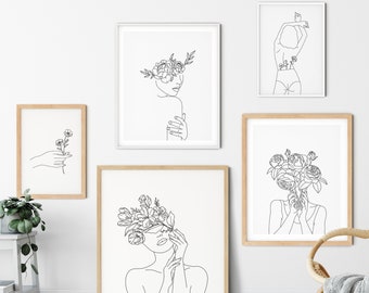 Line Drawing Art Set of 5 Prints | Flower Head Poster Bundle | Flower Line Illustration Print Set | Black And White Line Art Gallery Wall