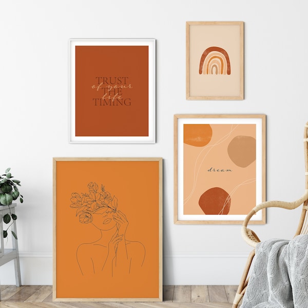 Terracotta Art Set of 4 Prints | Life Quote Print | Minimalist Printable Gallery Wall | Burnt Orange Poster Bundle | Dream Typography Print