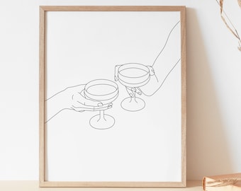 Cheers Drinks Art Print | Line Drawing Drinking Buddies | Gift For Drinking Partner | Best Friend Cheers Art | Cocktail Glasses Clinking Art