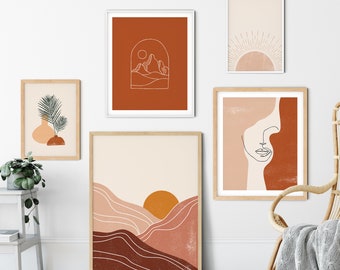 Boho Art Set of 5 Prints | Abstract Landscape Poster Bundle | Line Art Gallery Wall | Rust Print Set | Horizon Sun Print Set | Boho Wall Art