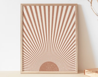 Zonnestralen Art Print | Abstracte zon muur kunst | Neutrale Boho Poster | Minimale | Afdrukbare Sun Art | De | van de Kunst van de Zon op Horizon Zonsondergang Afdrukken