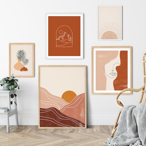 Boho Art Set of 5 Prints | Abstract Landscape Poster Bundle | Line Art Gallery Wall | Rust Print Set | Horizon Sun Print Set | Boho Wall Art