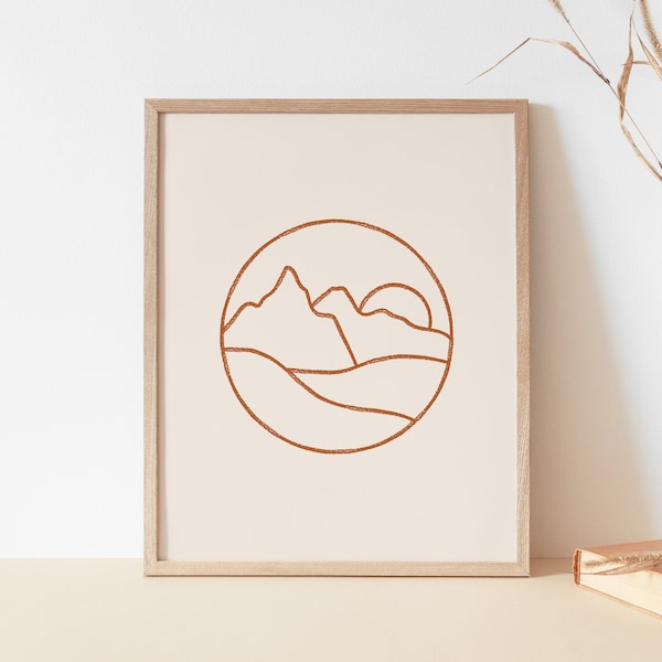 Line Landscape Art Print | Line Drawing Mountains Poster | Minimal Mountainscape Wall Art | Line Art Rising Sun Print | Setting Sun Drawing