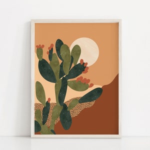 Puede incluir: Una ilustración digital de una planta de cactus con flores rojas sobre un fondo cálido naranja y marrón. El cactus es verde con un sol blanco detrás.