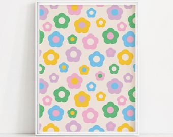 Pastell Floral Muster Kunstdruck | 60er Blumendruck | 70er Jahre Stil Florale Wandkunst | Frühling Daisies Muster Druckbare | Retro Daisy Wanddruck
