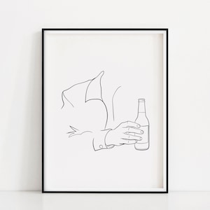 Beer Man Art Print | Minimal Line Art Man Drinkt Bier | Craft Beer Lover Poster | Bierfles lijntekening | Man Holding Bierfles Art