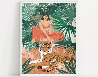 Tiger Woman Art Print | Big Cat Poster | Empowered Female Illustration | Palm Tree Jungle Wall Art | Wild Animal Print | Tropical Forest Art