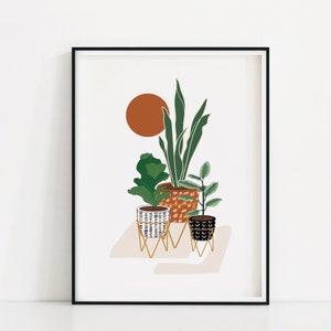 Planter Art Print | Potted Plant Poster | House Plants Wall Art | Printable Botanical Art | Snake Plant Wall Print | Rubber Plant Poster