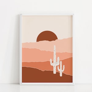 Cactus Landscape Art Print | Boho Scenery Wall Art | Speckled Abstract Art | Mountains Landscape Poster | Sunset Desert Print | Warm Art