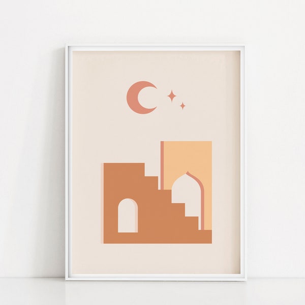 Boho Stadtbild Kunstdruck | Abstrakte Treppe Wandkunst | Mond und Sterne Nacht Himmel Poster | Minimalistische Gebäude Torbogen Druck | Himmlische Kunst