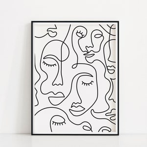 Joined Faces Line Art Print | One Line People Drawing | Illustration Of Connected Heads Wall Art | Minimal Single Line Art Humans Poster