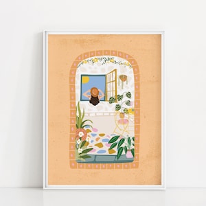 May include: A digital illustration of a woman looking out of a window with a view of a sunny sky. The window is arched and has a brick frame. The woman is wearing a hat and a dress. There are plants and flowers around the window.