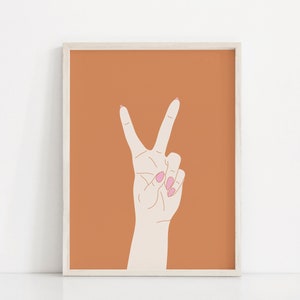 Peace Sign Art Print | Woman With Long Nails Poster | Line Art Female Hand Wall Art | Pink Fingernails Printable | Victory Hand Line Drawing