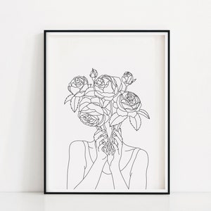 Rose Head Art Print | Femme avec l’affichage de fleurs | Rose Bouquet Wall Art | Roses de dessin de ligne | Art de tête de fleur imprimable | Femme d’art de ligne