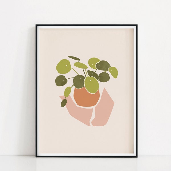 Chinees geld Plant Art Print | Pilea Wall Art | Poster van potplanten | Abstract botanische bedrukbaar | Pannekoekplantafdruk | UFO Plant Art