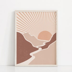 Pastel Landscape Art Print | Printable Landscape Wall Art | Abstract Landscape Poster | Minimalist Mountains Print | Boho Sun Wall Print