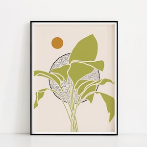 Peace Lily Art Print | Abstract Leaves Poster | Minimal Botanical Wall Art | Polka Dot Pattern Background Print | Abstract Sun And Plant Art