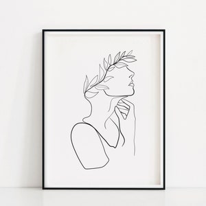 Greek Goddess Art Print | Greek Woman Line Drawing | Hand Drawn Sketch Of Woman | Flower Crown Woman Wall Art | Eucalyptus Hair Crown Poster