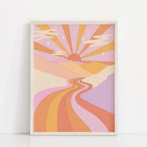 Impresión de arte del paisaje del valle retro / Cartel de las montañas naranjas y púrpuras / Arte de la pared estilo de los años 70 / Impresión del sol vintage / Arte colorido del atardecer maravilloso