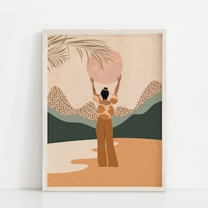 May include: A digital illustration of a person with brown skin standing with their arms raised in the air. The person is wearing a floral patterned shirt and brown pants. The background is a landscape with green hills and a pink sun.