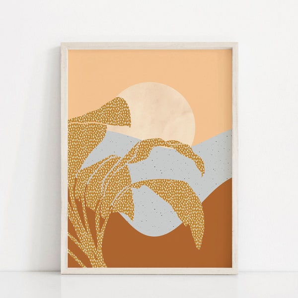 Full Moon Landscape Art Print | Tropical Plant Leaf Poster | Nature Inspired Wall Art | Ink Splatter Abstract Mountain | Patterned Hill Art