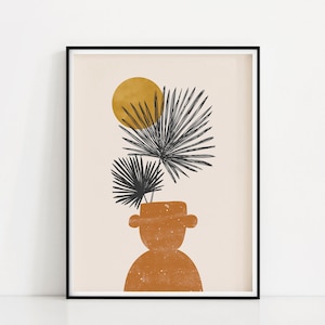 Puede incluir: Una impresión de arte minimalista con una ilustración estilizada de una planta en maceta con tres hojas y un sol en el fondo. La planta está en una maceta de terracota con una superficie texturizada. El fondo es de color beige claro.