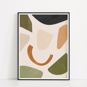 Op de afbeelding: Abstracte kunstprint met een beige achtergrond en verschillende vormen in tinten groen, oranje en bruin.