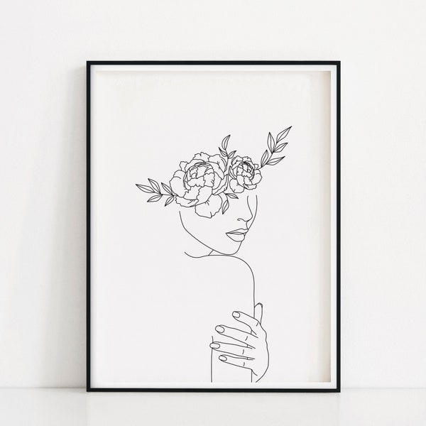 Flower Head Art Print | Minimal Line Art | Floral Illustration | Single Line Sketch | Female Body Poster | Naked Woman Wall Art | Peony Art