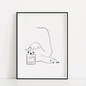 Whiskey Woman Art Print | Line Drawing Whiskey Glass | Old Fashioned Cocktail Poster | Female Drinking Bourbon Wall Art | Whiskey Lover Art