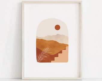 Archway Mountains Art Print | Paysage dans l’affiche de fenêtre | Miniature Landscape Wall Art | Earth Tone Scener Print | Boho Shape Stairs Art